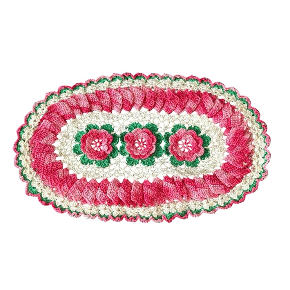 Handmade Crochet Doily Table Mat Pink Green Floral 12" x 7.4" Oval Vintage Style